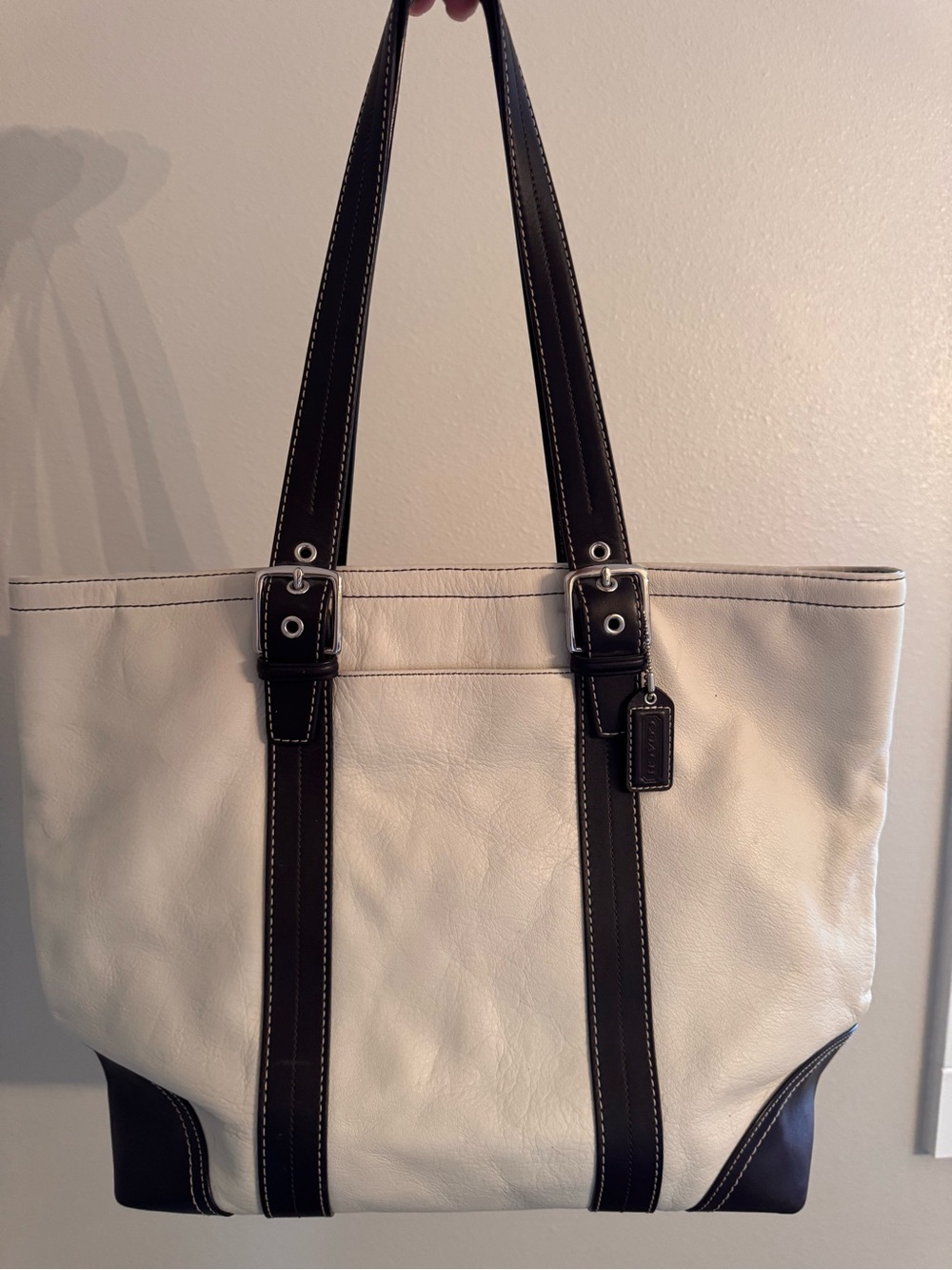 Coach Cream Leather Tote with Dark Brown Trim